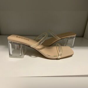 Women’s (7.5) Leevar nude/clear 2.5 in backless heels